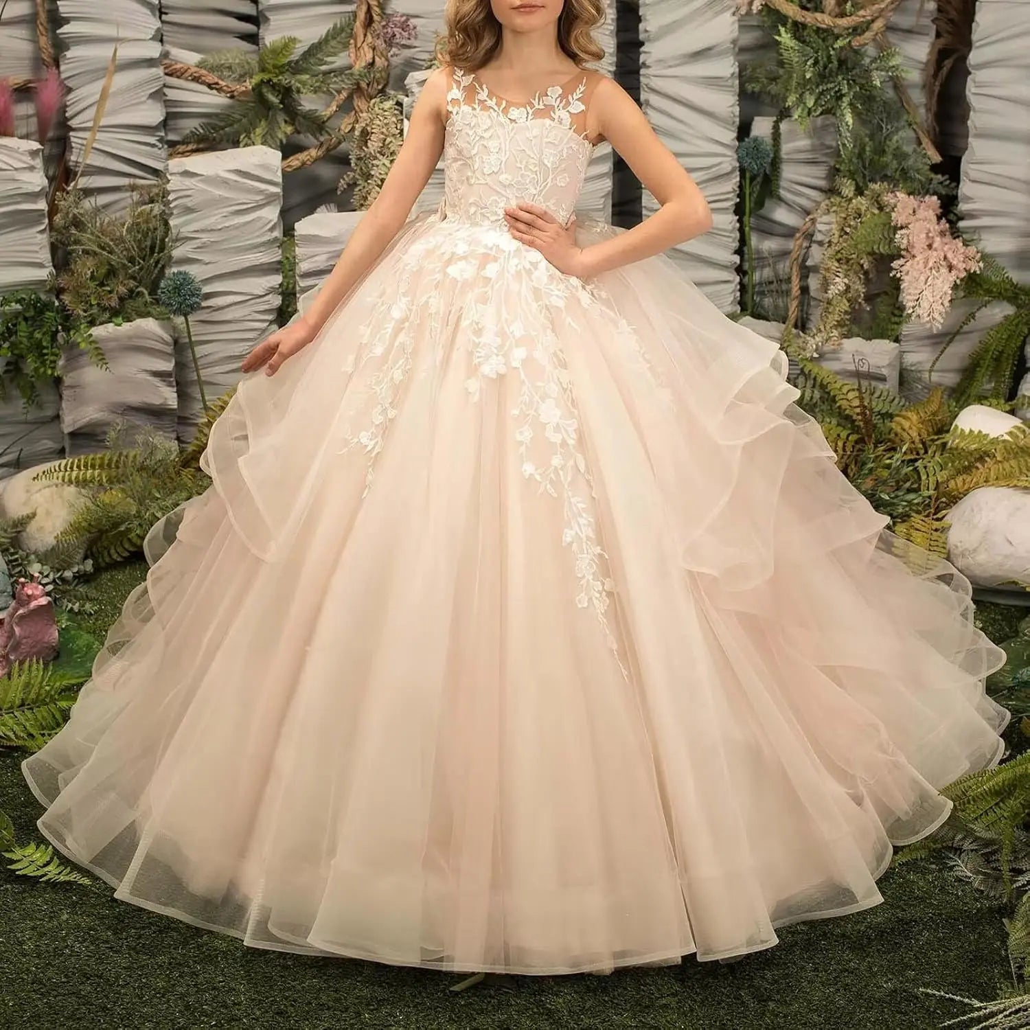 Tüll Prinzessin Ärmellose Festzugskleider Lange Spitze Applique Blumenmädchen Kleid Kinder Geburtstagsparty Ballkleid Festzugskleider 