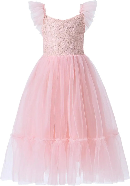 Vestido de tul recto con tutú y espalda descubierta para niña, de verano, sin mangas, de encaje, para fiesta de cumpleaños, de princesa 
