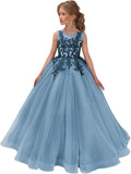 Festzugskleider für Mädchen, Spitzenapplikation, Blumenmädchenkleid, Tüll, Festzugskleid für Mädchen, lang, ärmellos, Prinzessinnen-Party-Ballkleid 