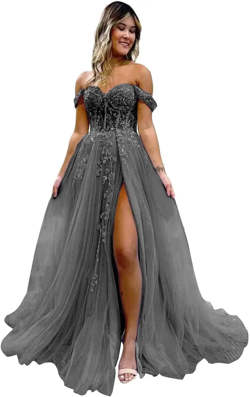 Vestido de fiesta de tul con hombros descubiertos, abertura, apliques de encaje brillante, corsé, vestido formal de fiesta de noche, vestidos de fiesta para mujer, noche 