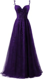 Lace Applique Tulle Prom Dresses for Women 2025 Spaghetti Straps Ball Gown Formal Evening Party Gown with Slit Wedding Party