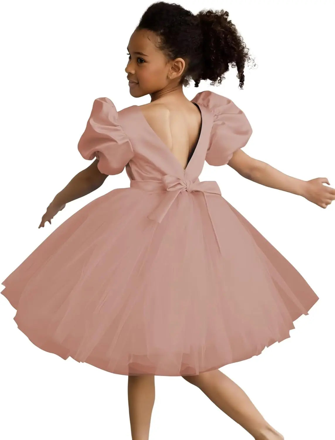 Vestidos de tul con mangas abullonadas para niña de las flores, para bodas, cumpleaños, fiestas, satén y tul con lazo. 