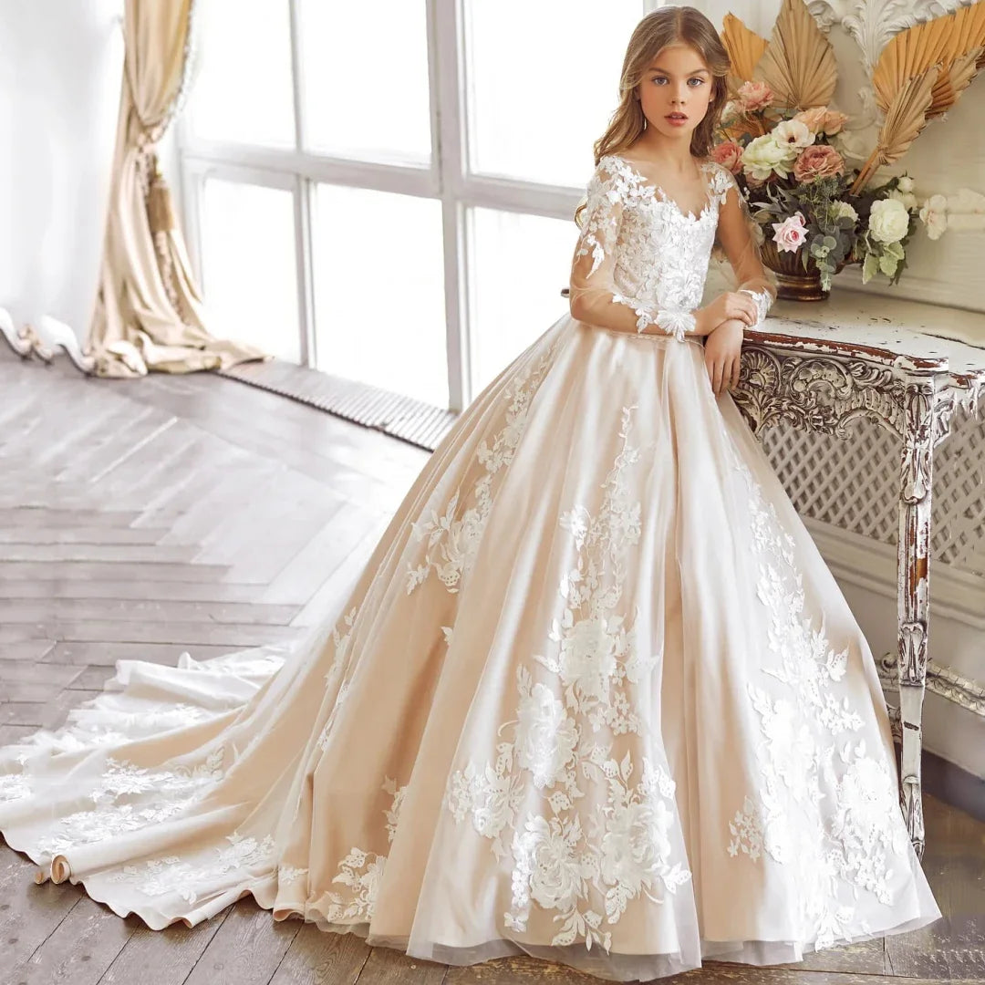 Apliques de bordado floral blanco con mangas largas para boda, fiesta de cumpleaños, banquete, vestido personalizado para niña de las flores 