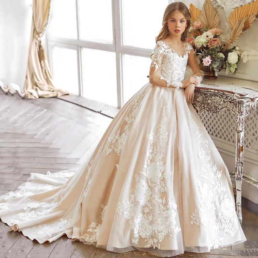 White Floral Embroidery Appliques Trailing Long Sleeve For Wedding Birthday Party Banquet Gown Customized Flower Girl Dresses