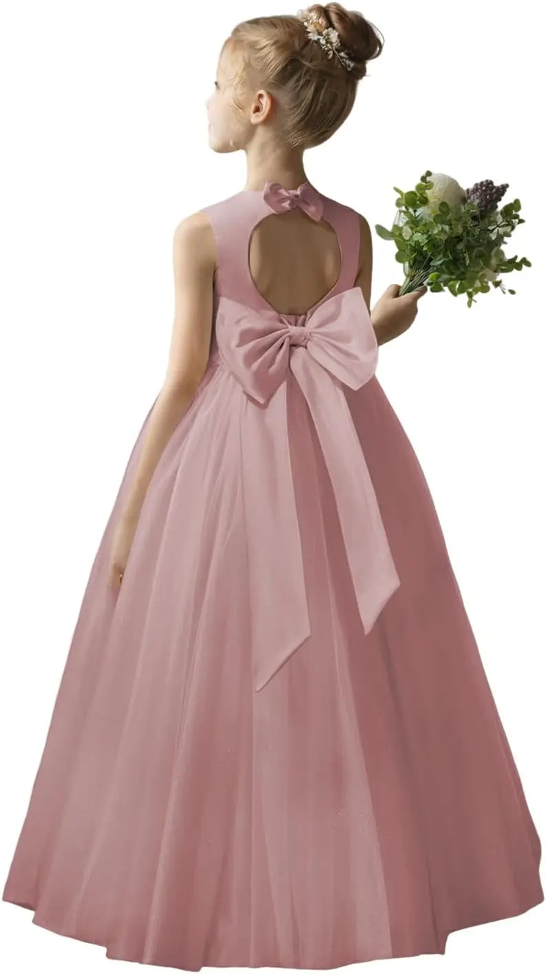 Flower Girl Dresses for Wedding Puffy Satin Tulle Princess Pageant Dress for Girls Crew Neck Tulle Bow Prom Ball Gowns