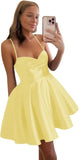 Spaghetti Straps Satin Homecoming Dresses for Women Short Halter Formal Prom Dresses with Pockets Graduation Mini Dress
