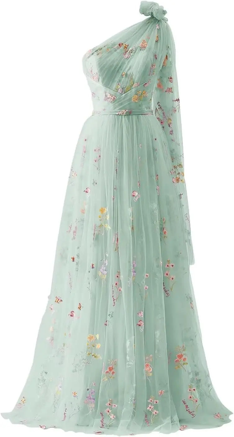 Vestidos de fiesta de tul para mujer con bordado de flores, corte A, largo hasta el suelo, vestidos formales de noche para fiesta 