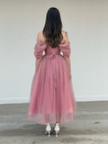 Tulle Sweetheart A-line Evening Dresses Off the Shoulder Tea-Length Formal Dress With Pleats & Bow Elegant Lace Up Prom Gowns