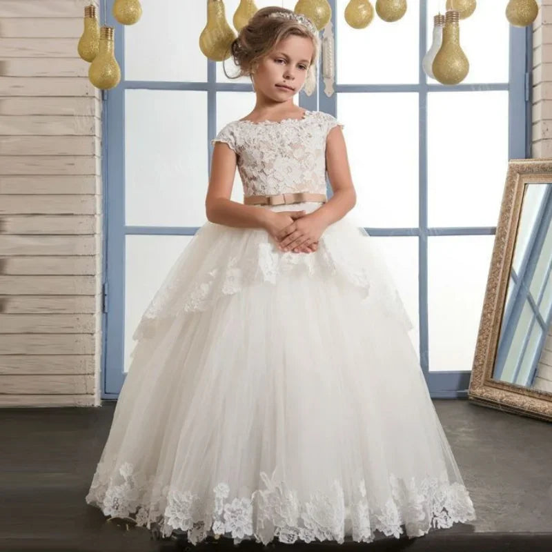 Tüll Puffy Applikationen Spitze mit Schleife ärmellos für Hochzeiten Geburtstagsfeier Festzug Erstkommunion Kleider Blumenmädchenkleider 