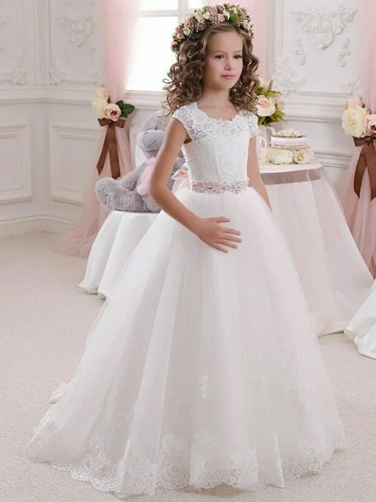 White Tulle Puffy Lace Applique With Pink Belt Sleeveless For Wedding Birthday Party First Communion Gowns Flower Girl Dresses