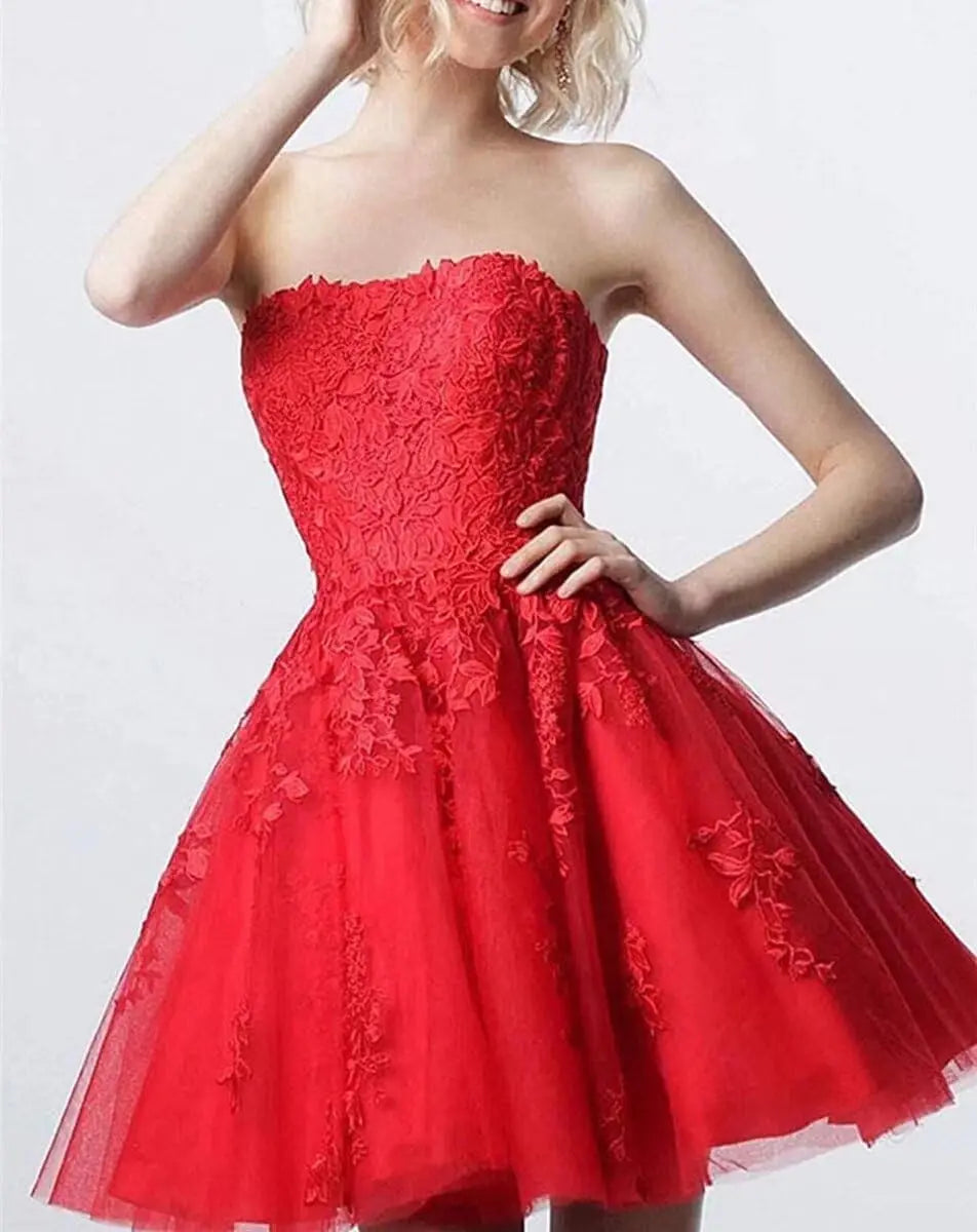Spitzen-Heimkehrkleider, kurz, A-Linie, trägerlos, formelle Cocktailparty-Kleider, Abschlussballkleid, Ballkleider, Minikleid 