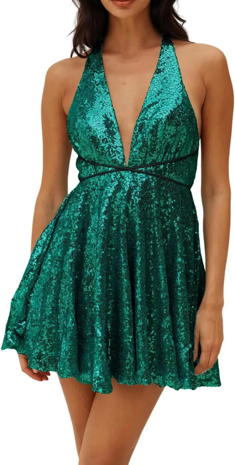 Vestido de lentejuelas para mujer, con tirantes finos, sexy, escote en V profundo, sin espalda, con purpurina, para fiesta, club, estilo patinador, minivestido de cóctel 