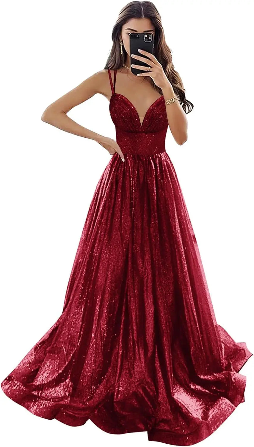 Vestido de fiesta de tul brillante con bolsillos, tirantes finos, corsé fruncido, largo, formal, para noche, vestidos de fiesta para mujer, noche 