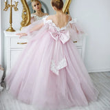 Vestidos de tul rosa con apliques blancos y lazo, de manga larga, para bodas, cumpleaños, primera comunión y niñas de las flores. 