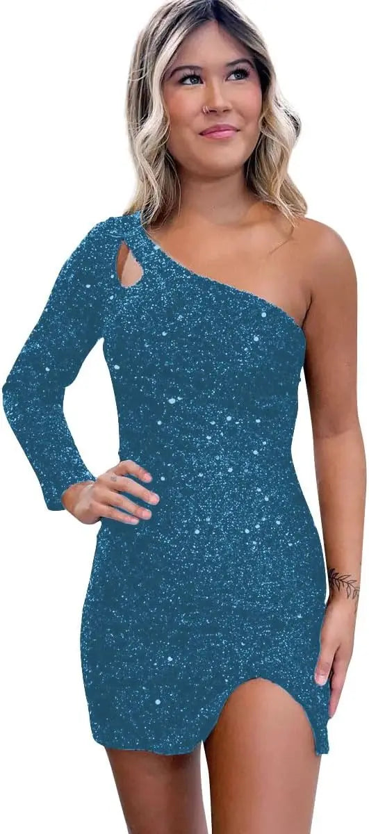 Women's One Shoulder Sequin Homecoming Dress Short Sparkly Long Sleeve Prom Party Gowns for Teens cocktail dresses