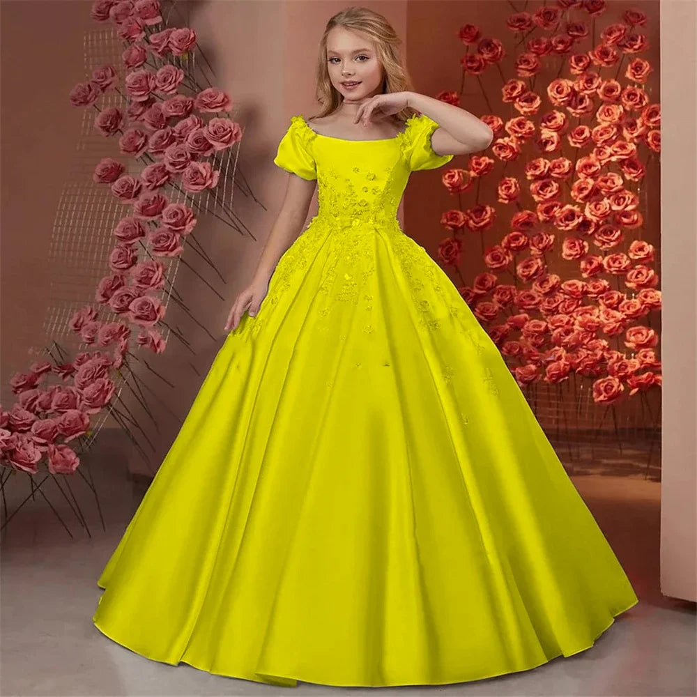 Vestido elegante de primera comunión para niña, largo hasta el suelo, para fiesta de cumpleaños infantil, 2026, para boda, de satén con cuentas y flores. 
