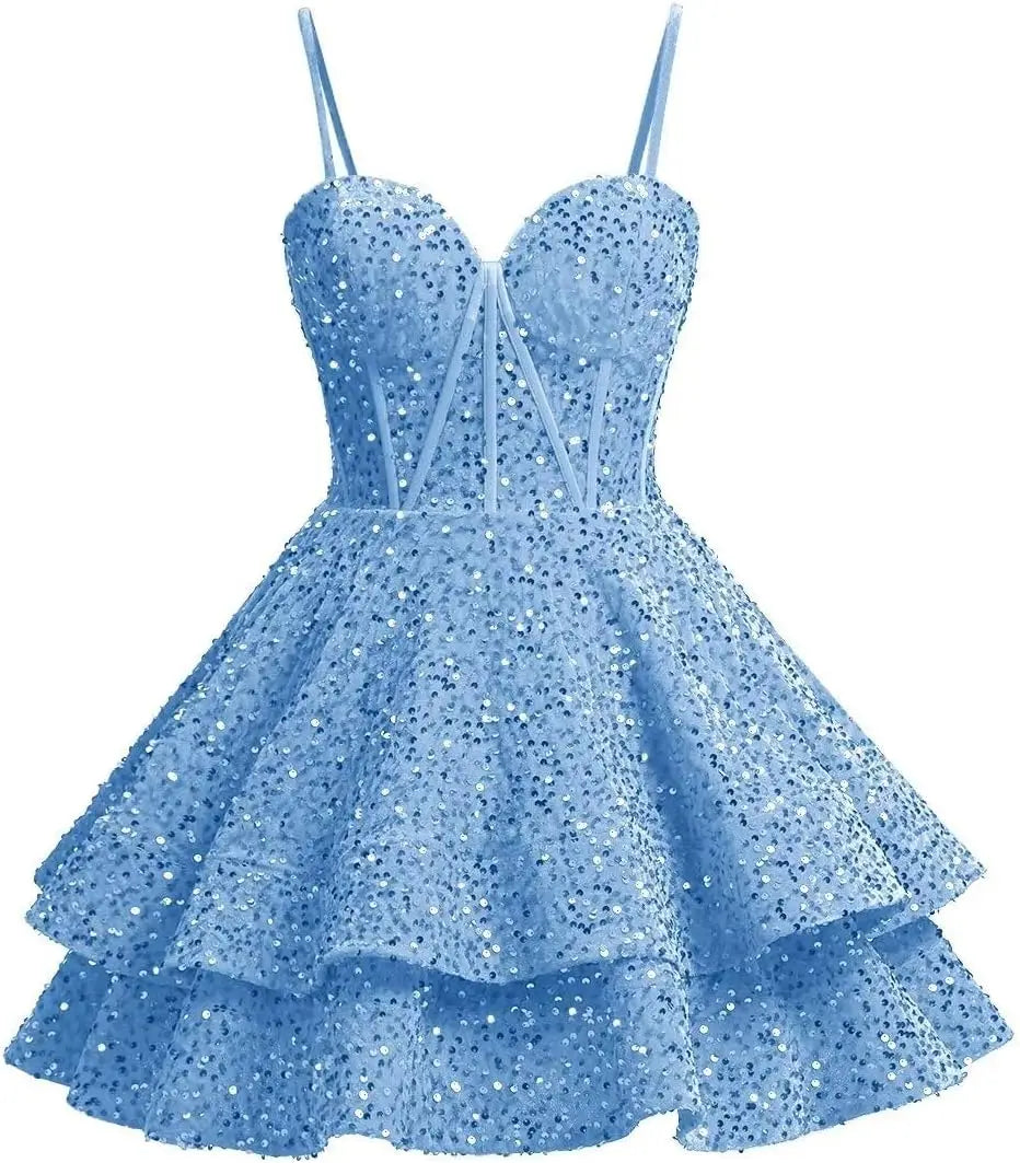 Vestidos de fiesta de graduación con lentejuelas brillantes para adolescentes, tirantes finos, corsé, vestido de cóctel con capas brillantes 