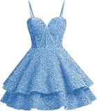 Vestidos de fiesta de graduación con lentejuelas brillantes para adolescentes, tirantes finos, corsé, vestido de cóctel con capas brillantes 