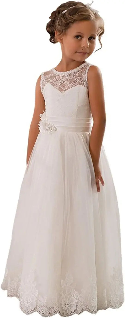 Vestidos de fiesta de boda sin mangas con encaje adornado en forma de A para niñas, vestidos de niña de las flores, vestidos de princesa, vestidos de desfile para niñas 