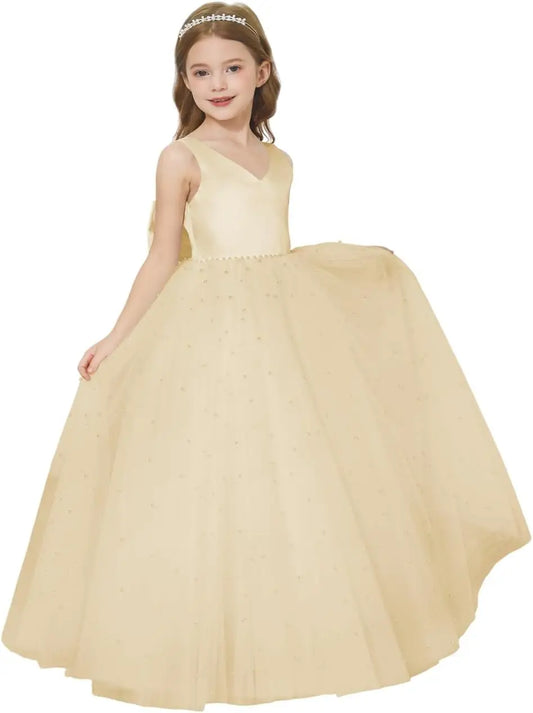 Elegant Flower Girl Dress Satin Tulle Princess Pageant Dresses for Girls Pearl Beads Wedding Maxi Gown girls party dress