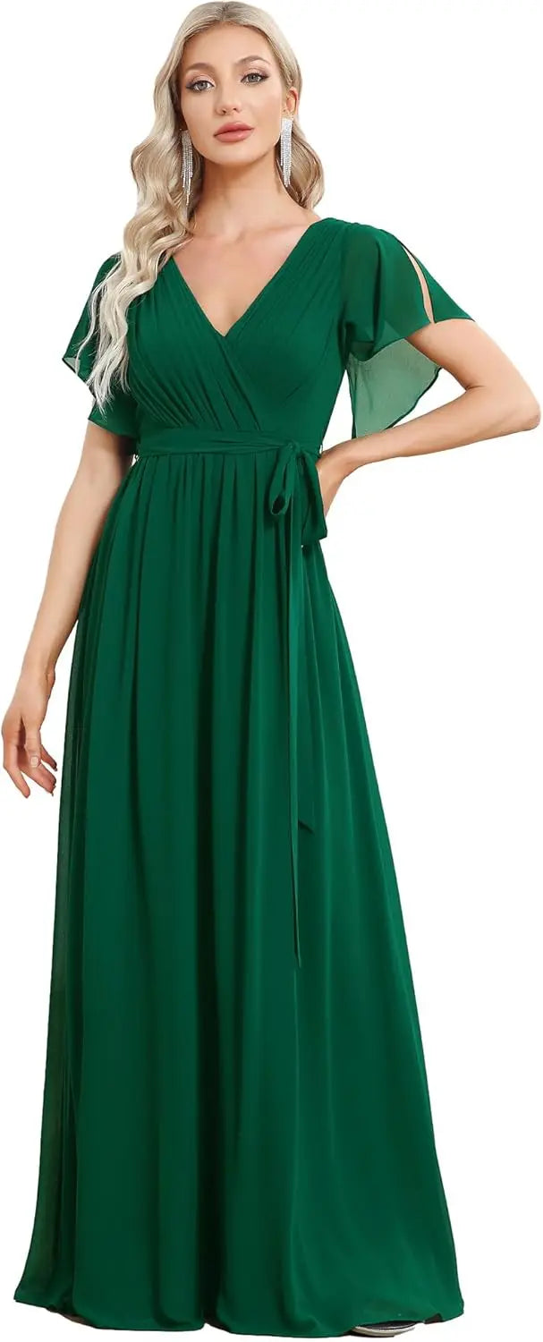 Vestido de dama de honor para mujer, escote en V, mangas con volantes, busto fruncido, largo hasta el suelo, de gasa, vestido formal para invitada de boda. 