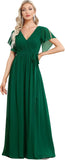Vestido de dama de honor para mujer, escote en V, mangas con volantes, busto fruncido, largo hasta el suelo, de gasa, vestido formal para invitada de boda. 