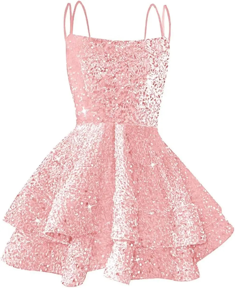 Hübsches, funkelndes Pailletten-Heimkehrkleid für Teenager, kurzes, gestuftes Ballkleid mit quadratischem Ausschnitt und A-Linie, Cocktail-Club-Partykleid 