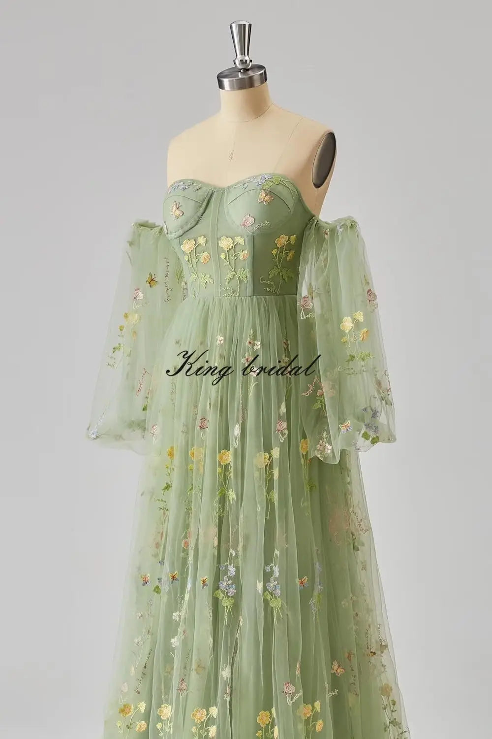 Puffy Sleeve Flower Embroidery Tulle Prom Dresses for Women Long A Line Fairy Maxi Formal Evening Party Gown Bridesmaid Dresses