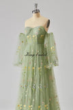 Puffy Sleeve Flower Embroidery Tulle Prom Dresses for Women Long A Line Fairy Maxi Formal Evening Party Gown Bridesmaid Dresses