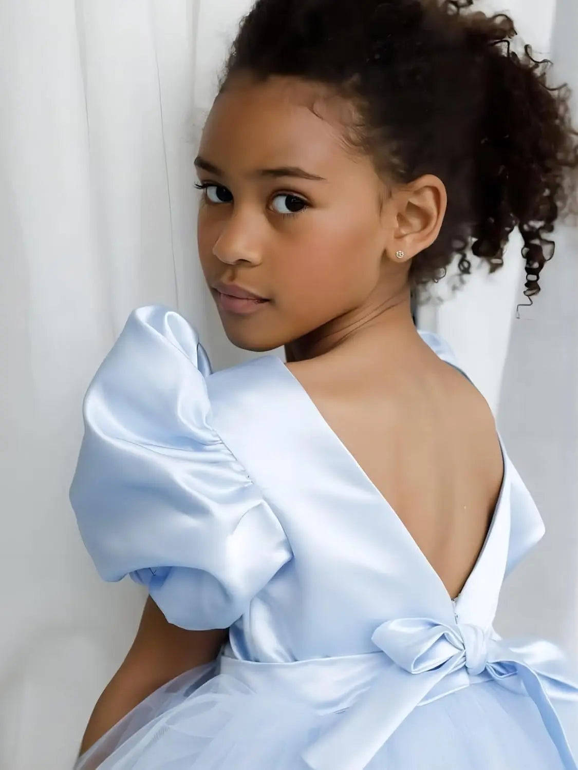 Vestidos de tul con mangas abullonadas para niña de las flores, para bodas, cumpleaños, fiestas, satén y tul con lazo. 