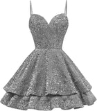 Tiered Sequin Homecoming Dresses Short for Teens 2025 Spaghetti Straps A-Line Prom Dress mini dress  party dresses
