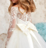 Boho Tüll Elfenbein Weiß Spitze Schleife Mädchen Erstkommunion Kleid Junior Brautjungfernkleid Maßgeschneidert Vollärmeliges Blumenmädchenkleid 