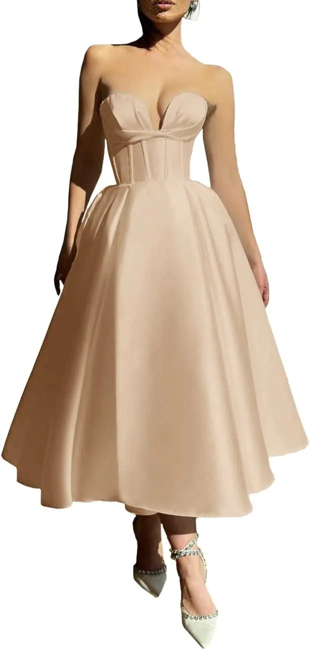 Strapless Prom Dresses 2025 Sweetheart Satin Tea Length Puffy Party Dresses for Women simple wedding dress short wedding dress