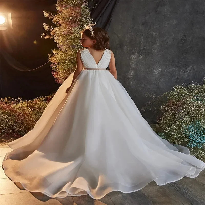 For Weddings Sleeveless Floor Length First Communionkids Birthday Party  Prom Dress White V-neck Simple Flower Girl Dresses