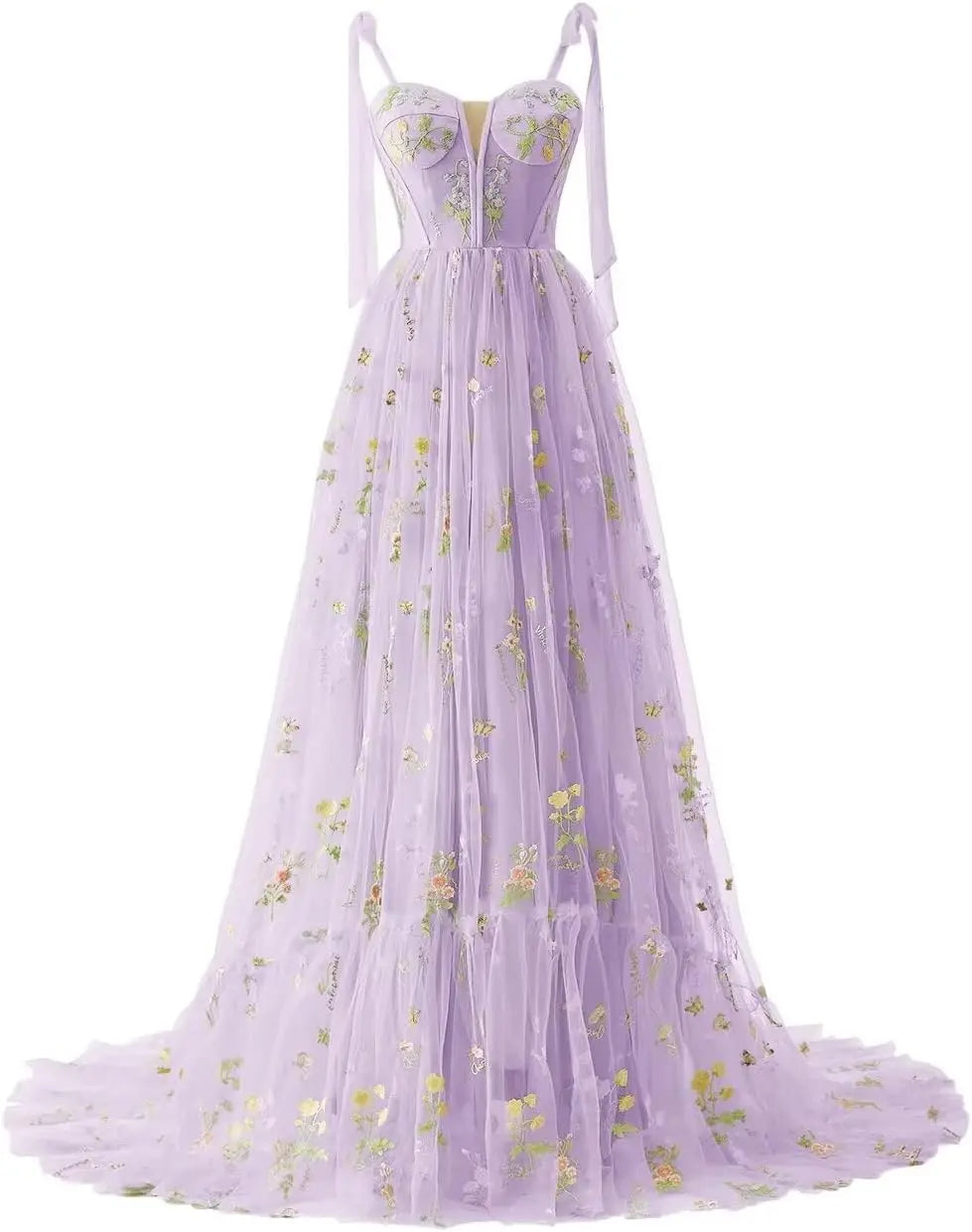 Women's Flower Embroidery Tulle Prom Dresses Corset Long Spaghetti Strap Fairy Ruched Formal Evening Party Gowns Bridesmaid Gown
