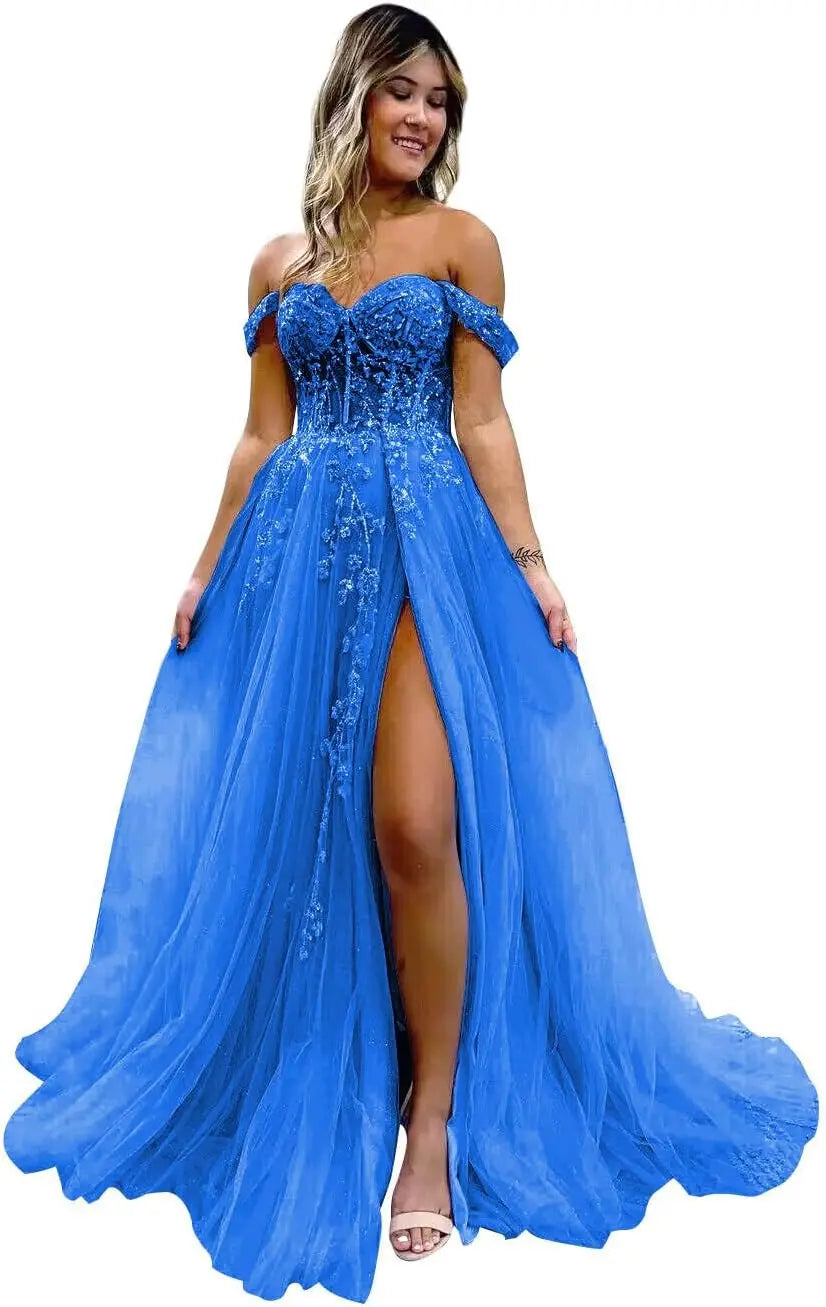 Vestido de fiesta de tul con hombros descubiertos, abertura, apliques de encaje brillante, corsé, vestido formal de fiesta de noche, vestidos de fiesta para mujer, noche 