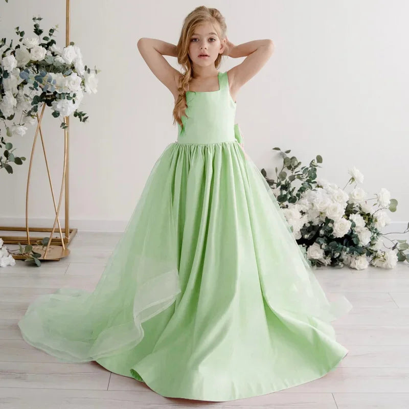 Geburtstagsfeier Bankett Prinzessin Kleider Blumenmädchenkleider Rosa Satin Solide Mit Tailing Und Bogen Ärmellos Für Hochzeit 