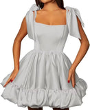 Women’s A-line Puffy Straps Sleeveless Formal Party Gown Teens Satin Short Homecoming Cocktails Dress