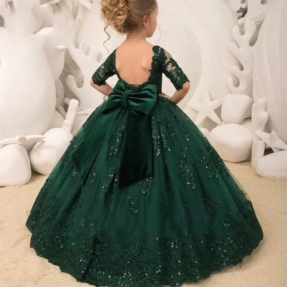 Lace Appliques Princess Kids Birthday Party First Holy Communion Gowns Sequins Flower Girl Dress Pageant Gown For Wedding