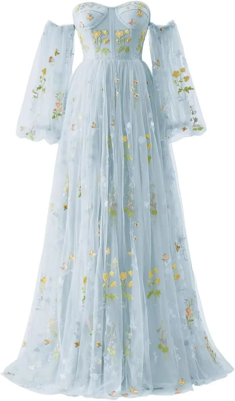 Puffy Sleeve Flower Embroidery Tulle Prom Dresses for Women Long A Line Fairy Maxi Formal Evening Party Gown Bridesmaid Dresses