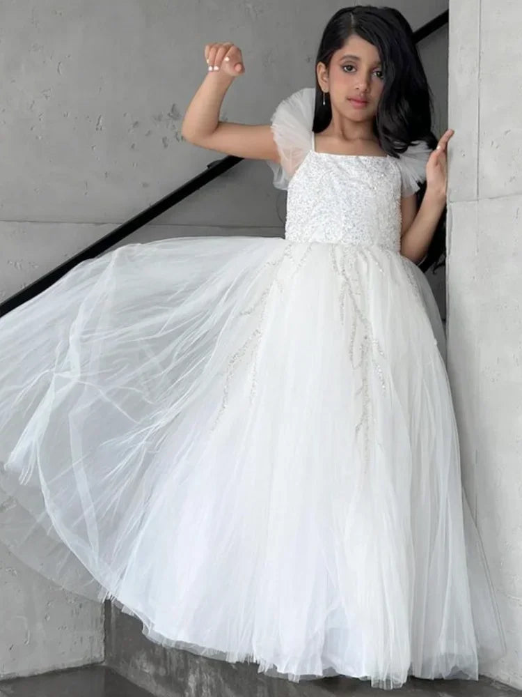 Vestidos de tul blanco con lentejuelas y flores sin mangas para bodas, fiestas de cumpleaños, comuniones y niñas de las flores. 
