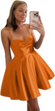 Spaghetti Straps Satin Homecoming Dresses for Women Short Halter Formal Prom Dresses with Pockets Graduation Mini Dress