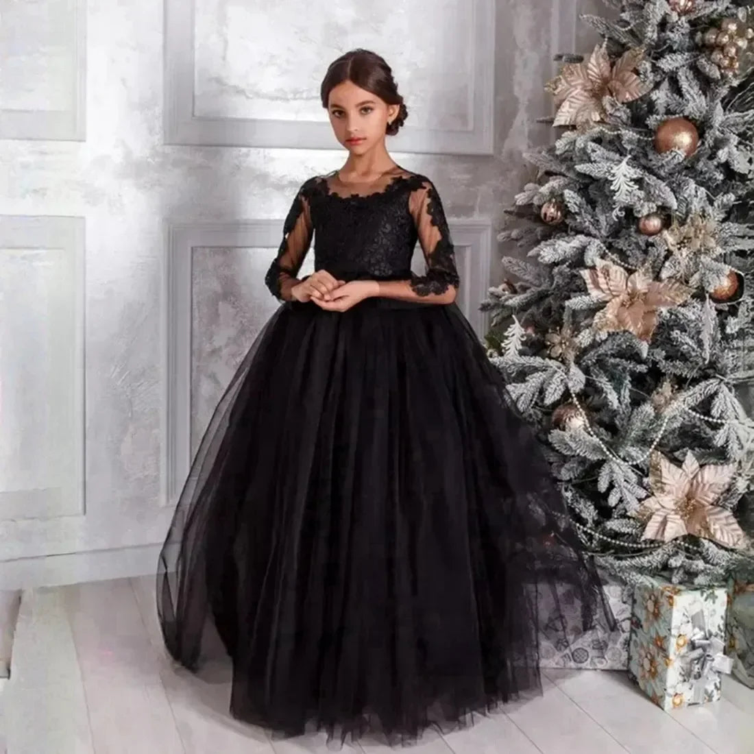 Apliques de encaje de tul de longitud completa para niña, vestido de fiesta de cumpleaños para niña, vestidos de primera comunión, vestidos negros para niña de las flores para boda 