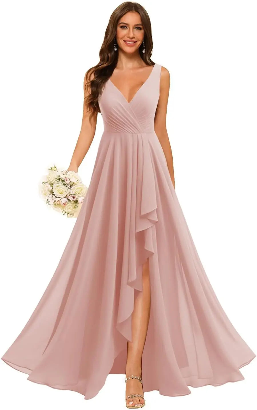 Women's V Neck Bridesmaid Dresses with Slit 2025 Chiffon A-line Formal Evening Gowns with Pockets bridesmaid dress for weddings