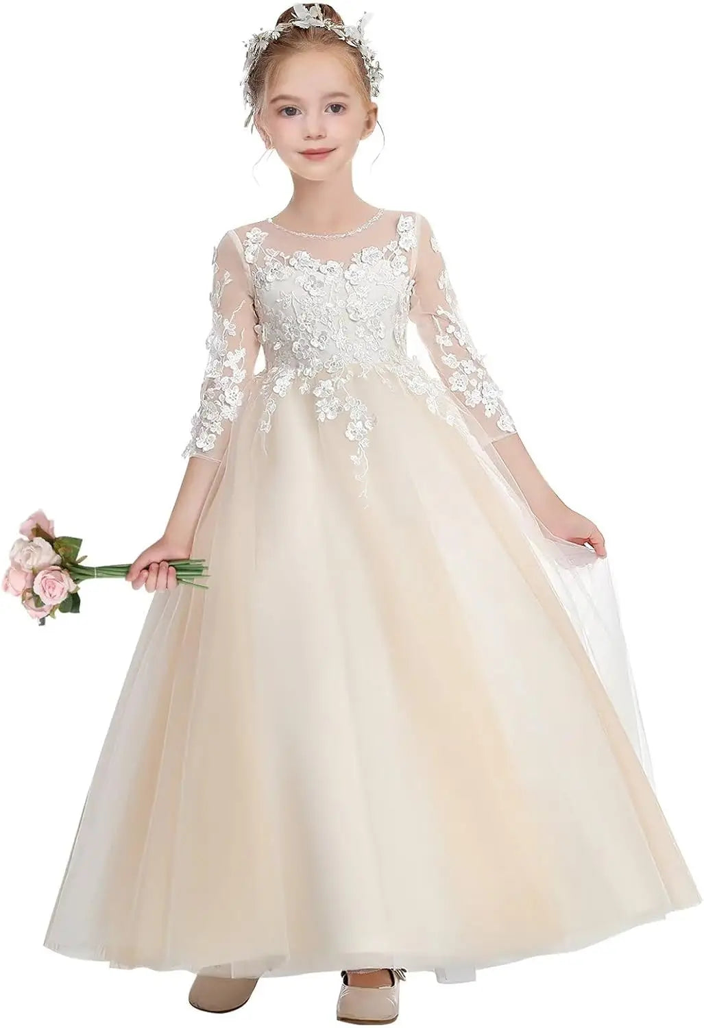 Elegantes Blumenmädchenkleid aus Tüll in A-Linie mit Applikationen, Erstkommunionkleider mit Ärmeln, Festzugs-Prinzessinnen-Partykleider 