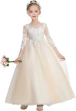 Elegantes Blumenmädchenkleid aus Tüll in A-Linie mit Applikationen, Erstkommunionkleider mit Ärmeln, Festzugs-Prinzessinnen-Partykleider 