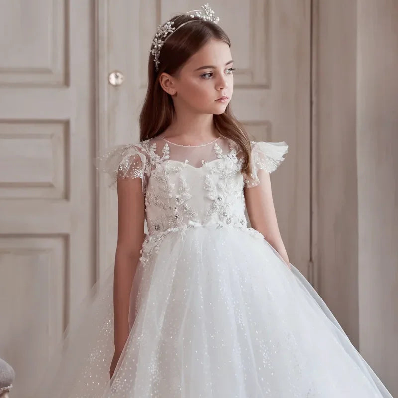 Vestidos de fiesta de cumpleaños para banquetes, vestidos de niña de las flores con apliques de tul blanco y estampado floral con mangas cortas para bodas. 