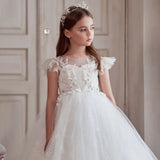 Vestidos de fiesta de cumpleaños para banquetes, vestidos de niña de las flores con apliques de tul blanco y estampado floral con mangas cortas para bodas. 