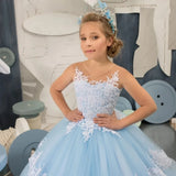 Floor Length Customized First Communion Dresses Birthday Ball Gowns Light Blue Flower Girls Dresses For Weddings Lace Appliques
