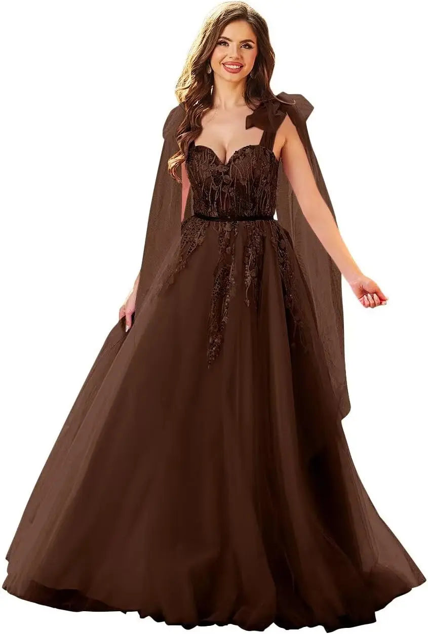 Vestidos de fiesta de tul con apliques de encaje para mujer, tirantes finos ajustables, vestidos de gala largos de corte A, vestidos de noche, vestidos de fiesta 